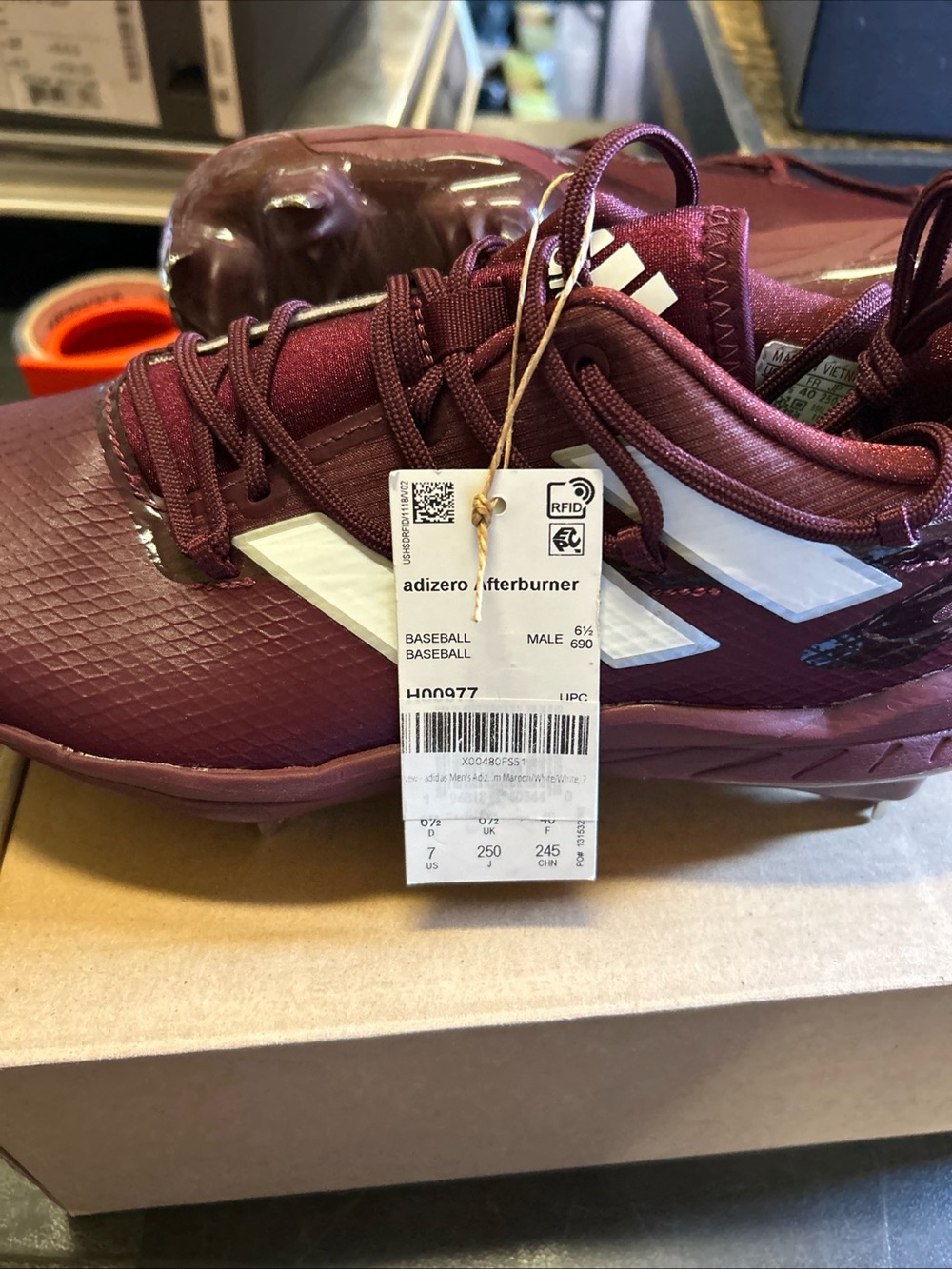 Men’s Adidas Adizero Afterburner Maroon Baseball Cleats with White Stripes